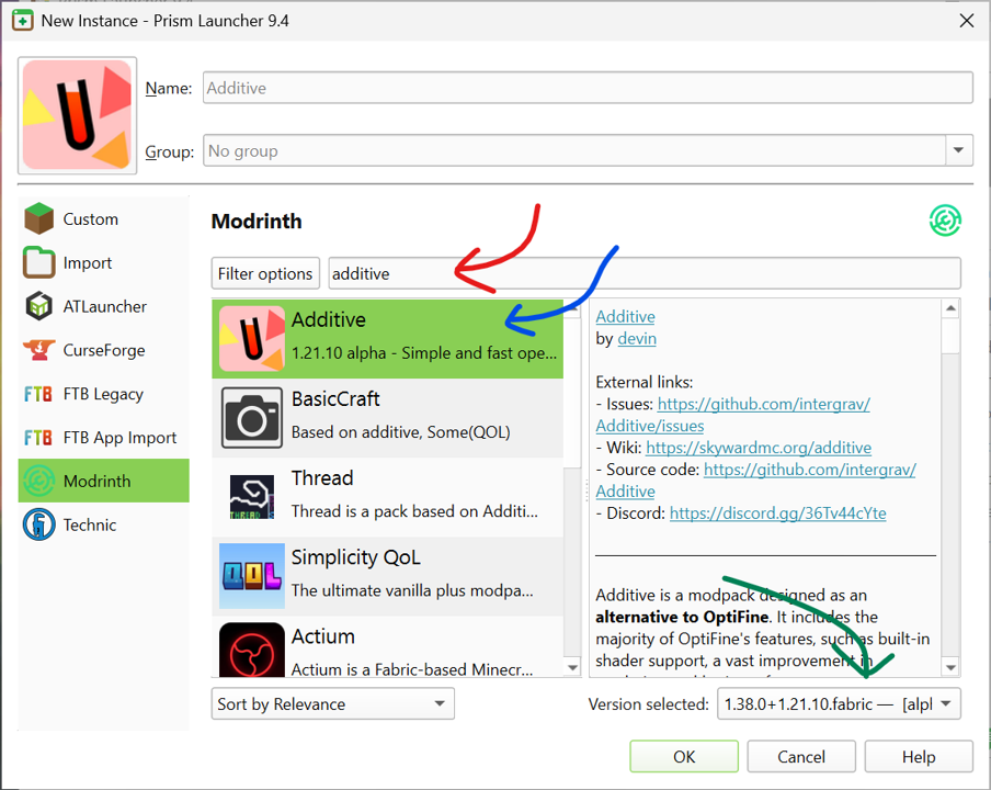 The modrinth tab of the Prism version page