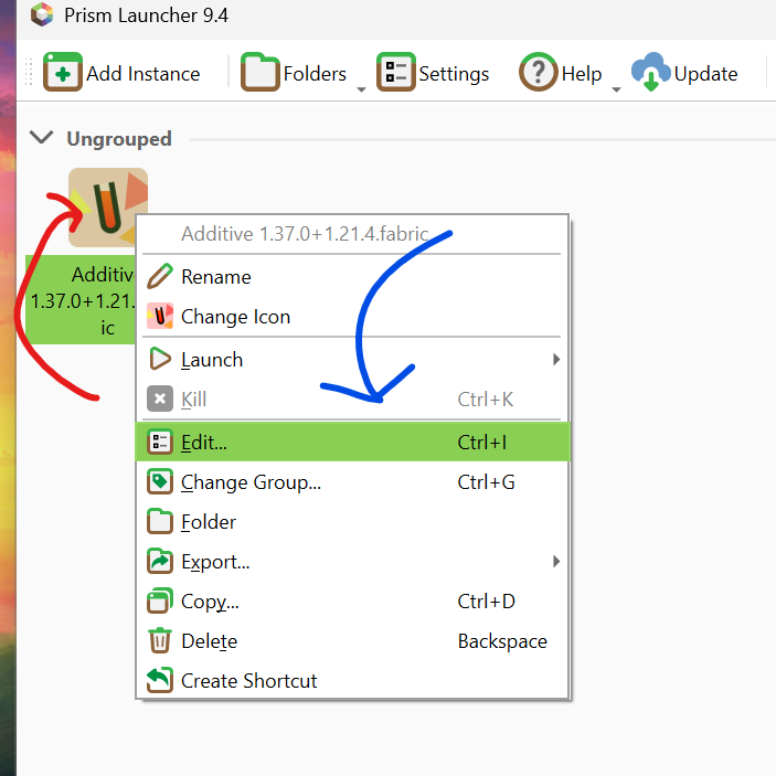 The newly created instance's edit tab