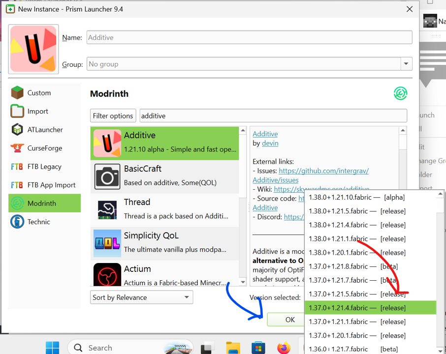 The modrinth tab of the Prism version page