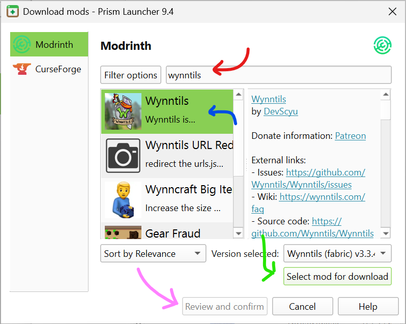 The modding tab searching for Wynntils