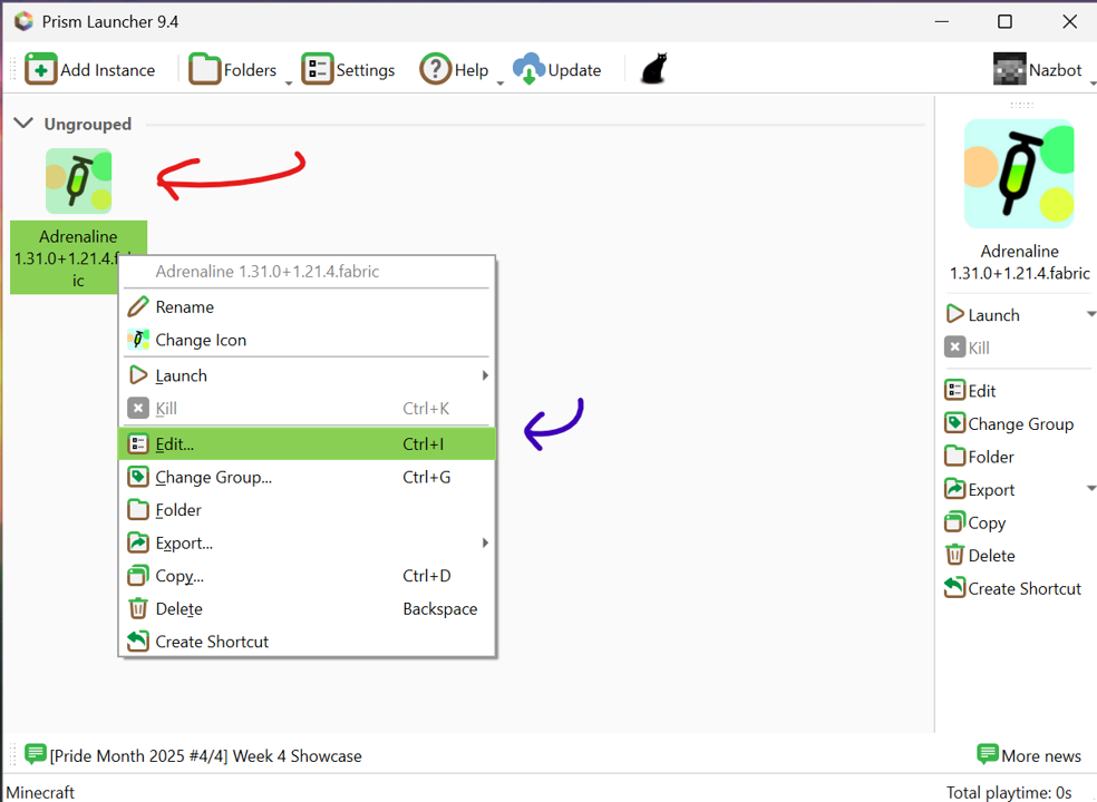 The newly created instance's edit tab
