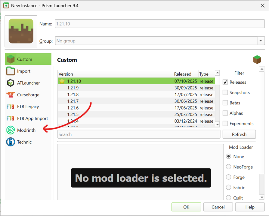 The modrinth tab of the Prism version page