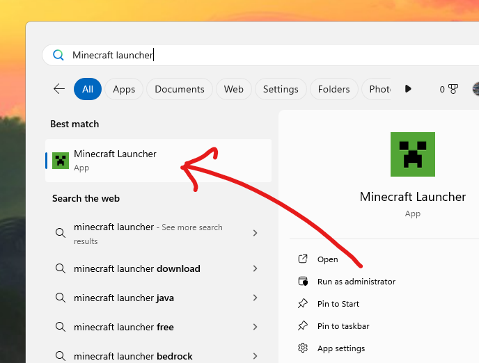 The Minecraft launcher opened via the start menu