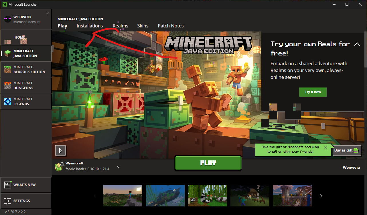 The installations subtab