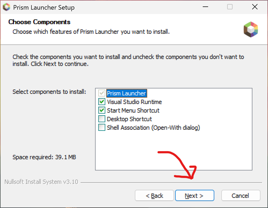 The second page of the prism installer